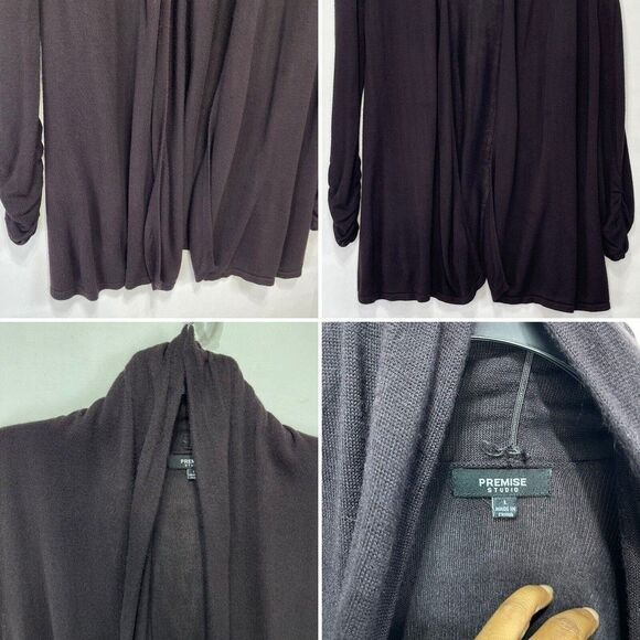 Premise Studio Women Cardigan L Brown Open Ruched Sleeve Cardigan Sweater - Picture 8 of 16